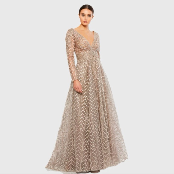 NEW Mac Duggal Gown Taupe Shimmer Embellished Illusion Wrap Over Dress Womens 18 - Picture 1 of 16